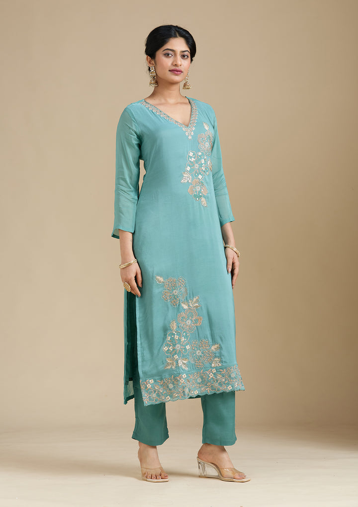 Sea Green Organza Silver Zariwork Straight Kurta With Pant Regular And Dupatta
