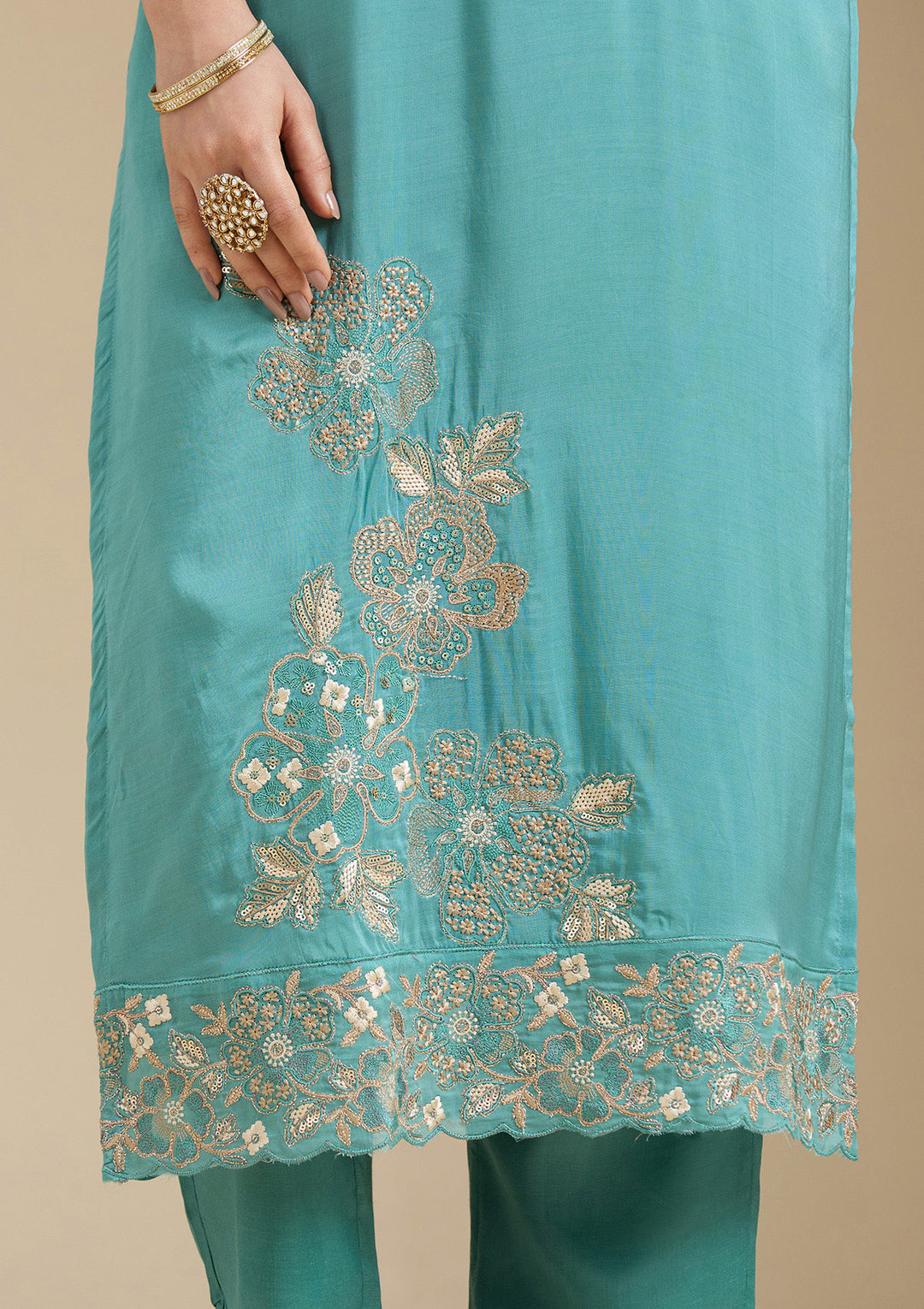 Sea Green Organza Silver Zariwork Straight Kurta With Pant Regular And Dupatta