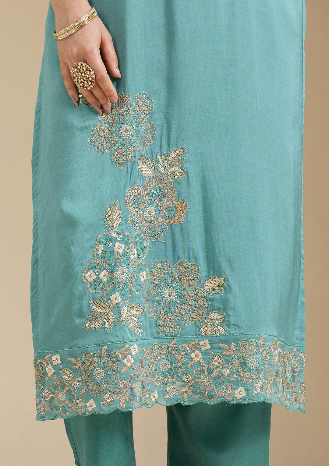 Sea Green Organza Silver Zariwork Straight Kurta With Pant Regular And Dupatta