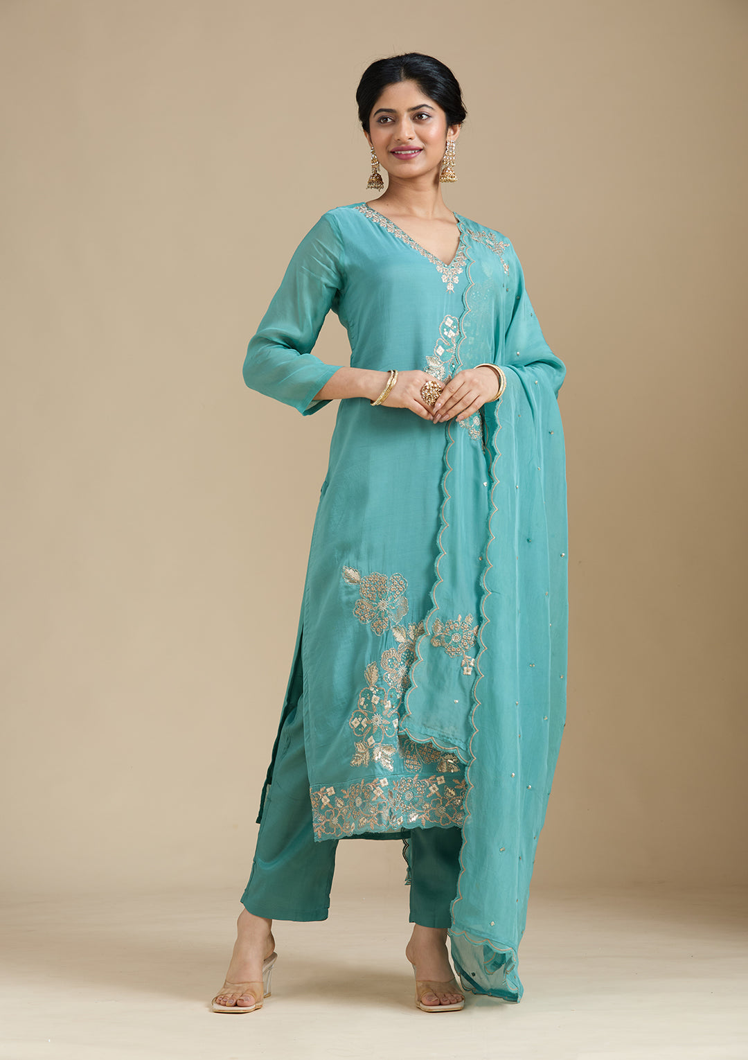 Sea Green Organza Silver Zariwork Straight Kurta With Pant Regular And Dupatta