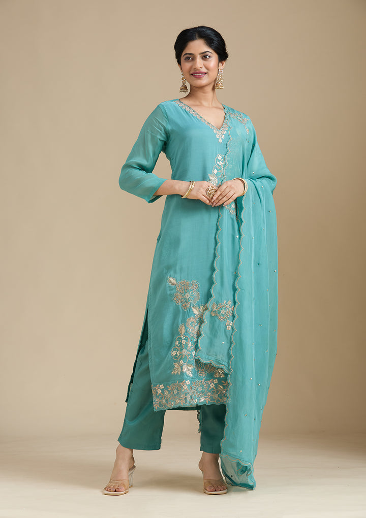 Sea Green Organza Silver Zariwork Straight Kurta With Pant Regular And Dupatta