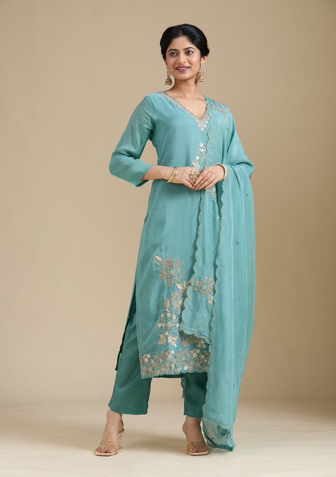 Sea Green Organza Silver Zariwork Straight Kurta With Pant Regular And Dupatta