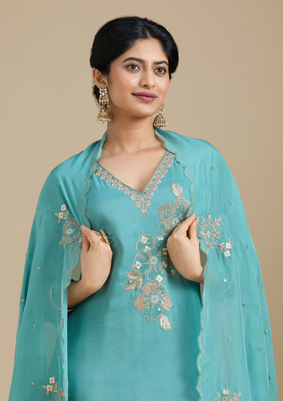 Sea Green Organza Silver Zariwork Straight Kurta With Pant Regular And Dupatta