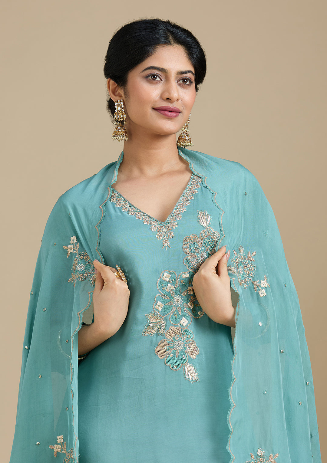 Sea Green Organza Silver Zariwork Straight Kurta With Pant Regular And Dupatta