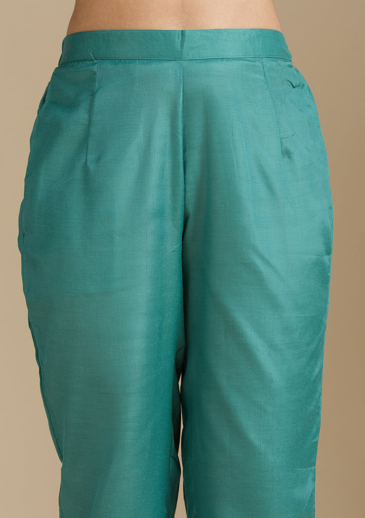 Sea Green Organza Silver Zariwork Straight Kurta With Pant Regular And Dupatta