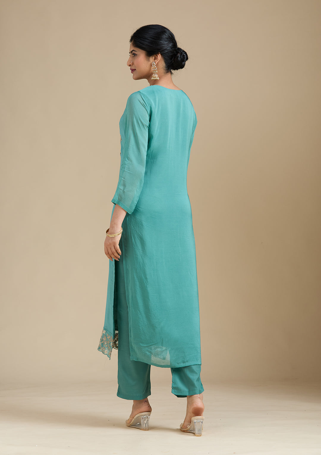 Sea Green Organza Silver Zariwork Straight Kurta With Pant Regular And Dupatta