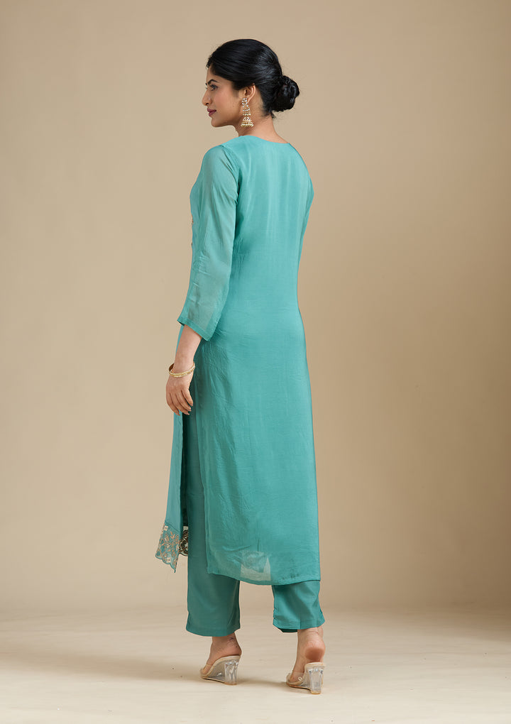Sea Green Organza Silver Zariwork Straight Kurta With Pant Regular And Dupatta