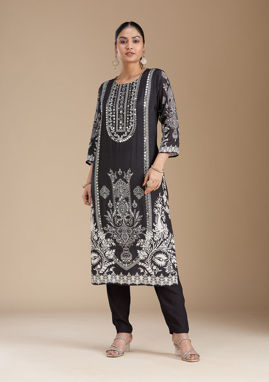 Black Printed Crepe Readymade Salwar Suit