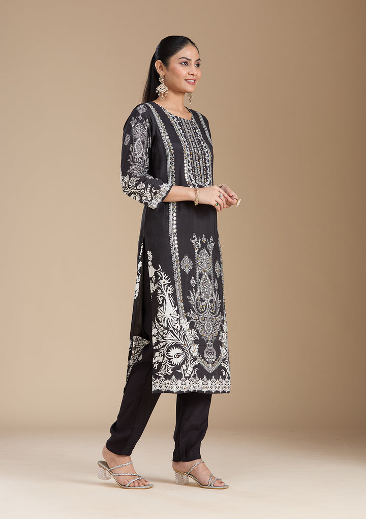 Black Printed Crepe Readymade Salwar Suit
