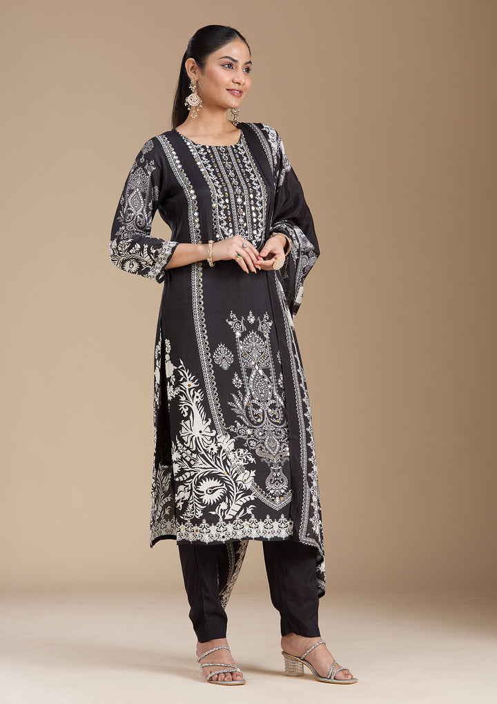 Black Printed Crepe Readymade Salwar Suit