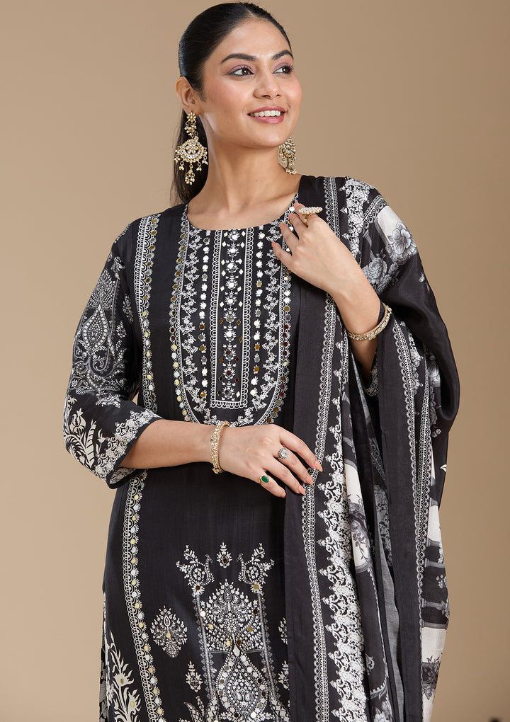 Black Printed Crepe Readymade Salwar Suit