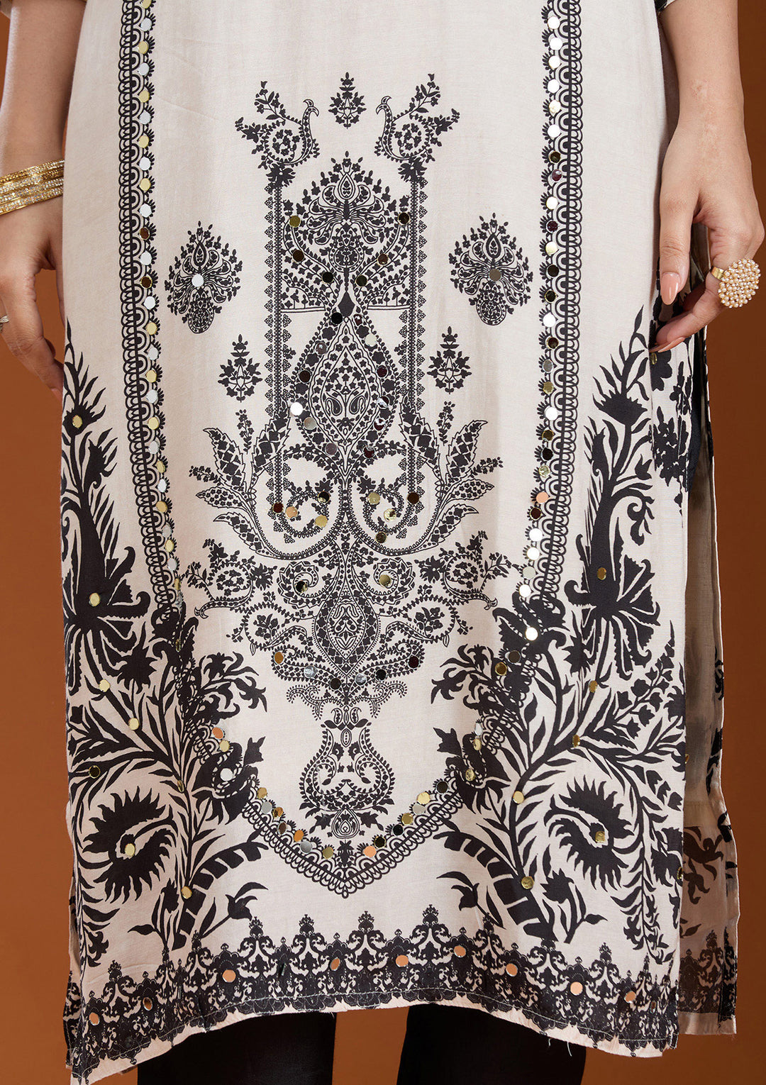 Off White Printed Crepe Readymade Salwar Suit