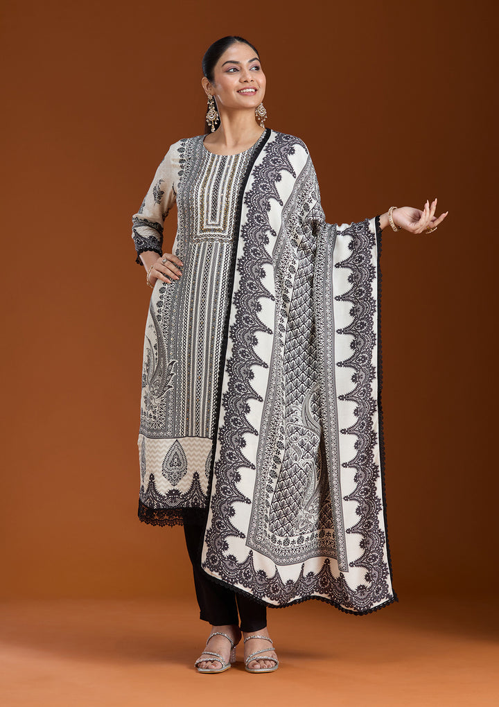Off White Printed Crepe Readymade Salwar Suit