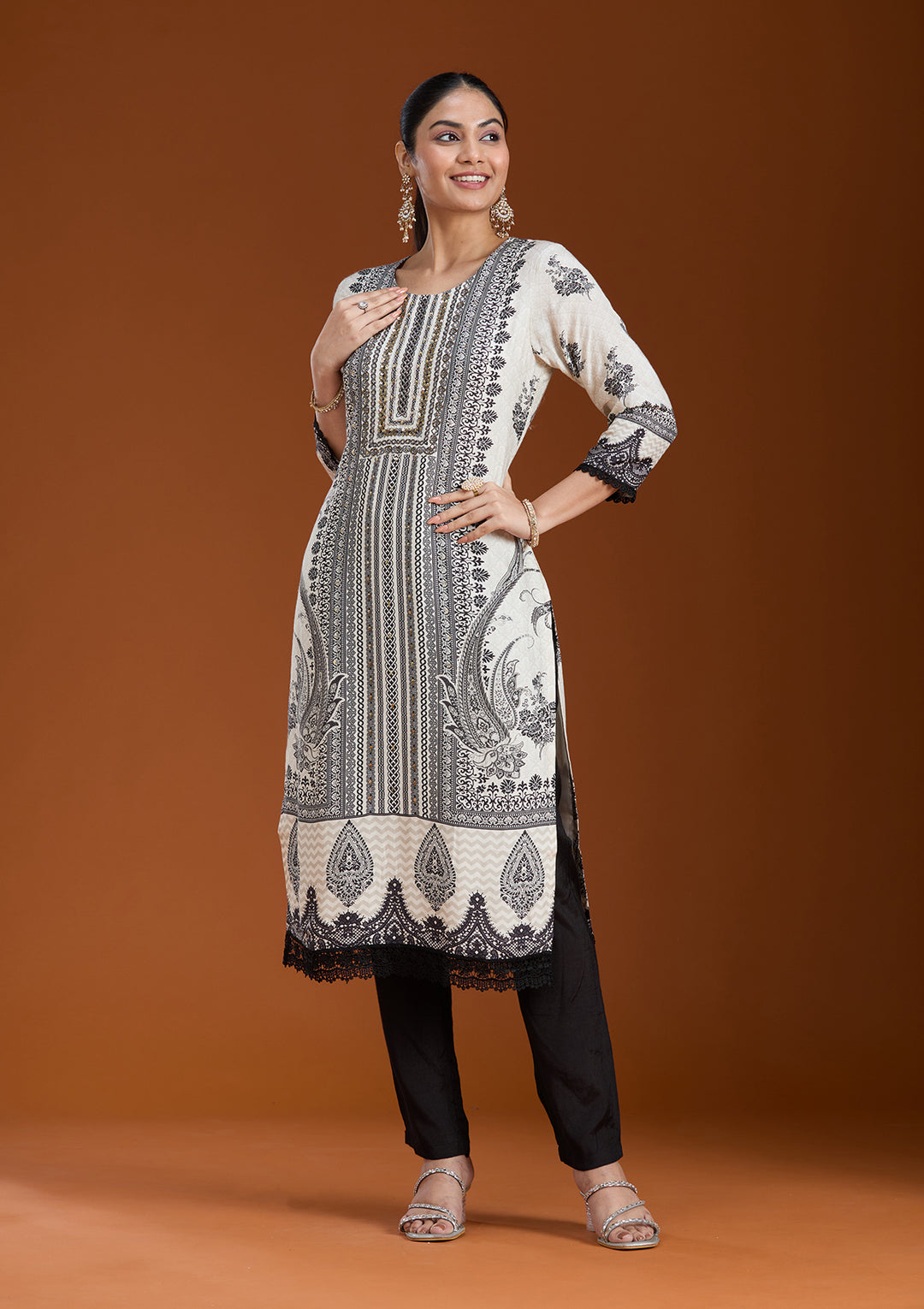 Off White Printed Crepe Readymade Salwar Suit