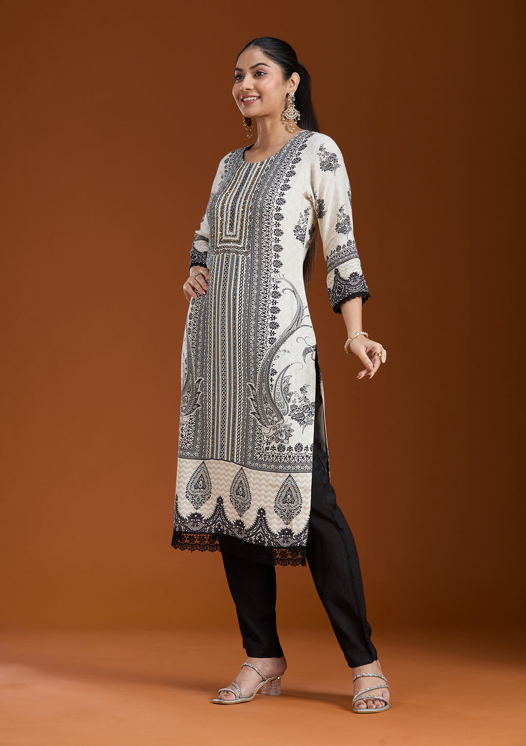 Off White Printed Crepe Readymade Salwar Suit