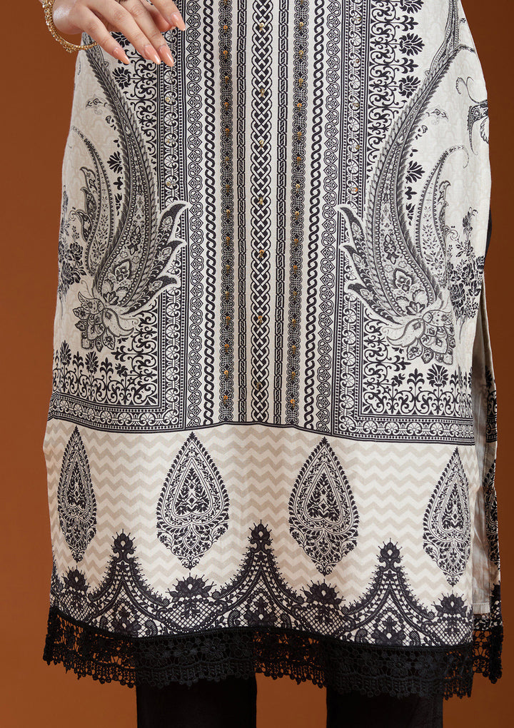 Off White Printed Crepe Readymade Salwar Suit