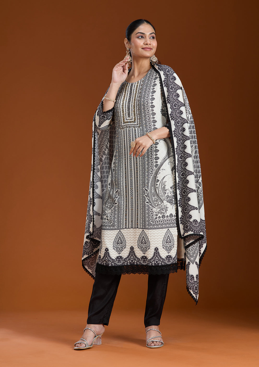 Off White Printed Crepe Readymade Salwar Suit