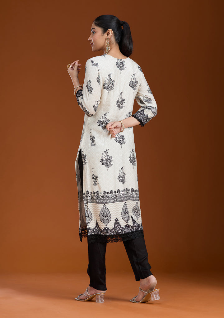 Off White Printed Crepe Readymade Salwar Suit