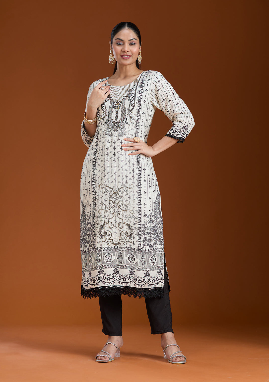 Off White Printed Crepe Readymade Salwar Suit