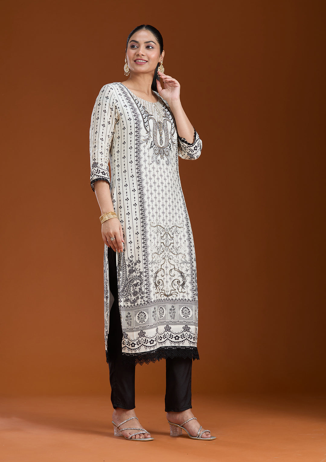 Off White Printed Crepe Readymade Salwar Suit
