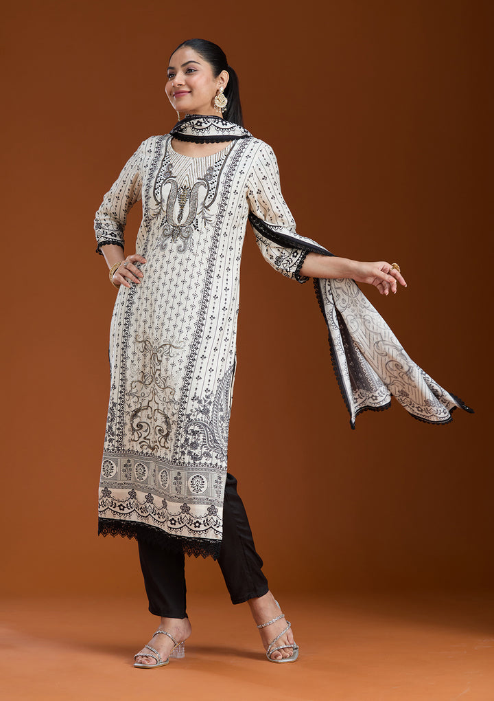 Off White Printed Crepe Readymade Salwar Suit
