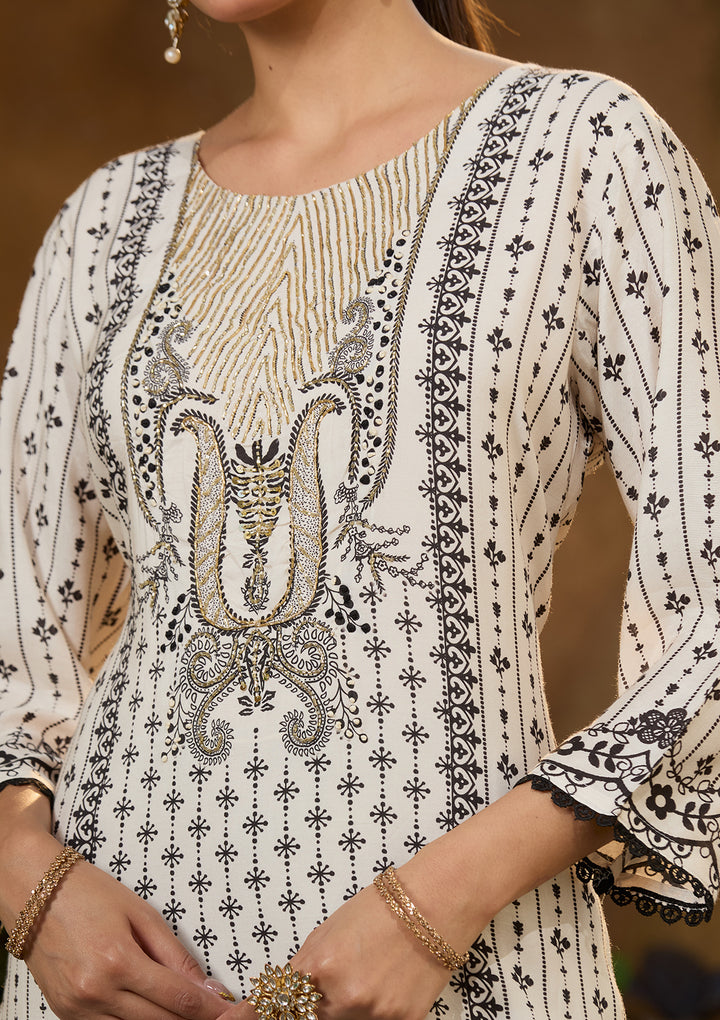Off White Crepe Abstract Geometric Printed Straight Kurta With Pant Regular And Dupatta