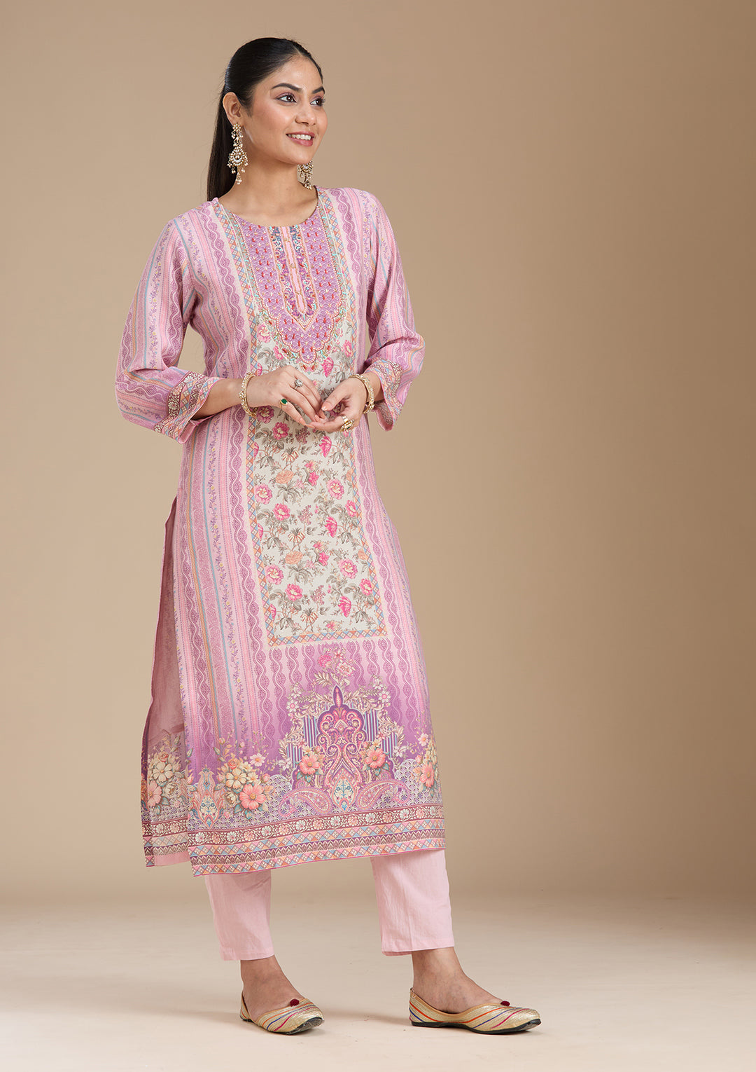 Lavender Printed Crepe Readymade Salwar Suit