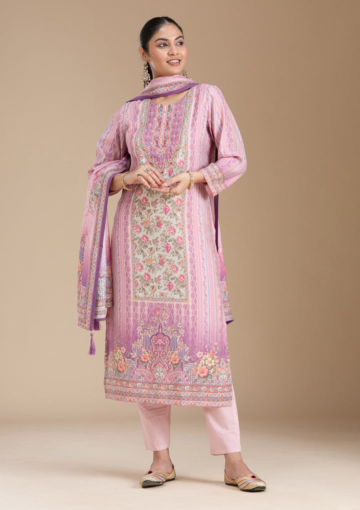 Lavender Printed Crepe Readymade Salwar Suit