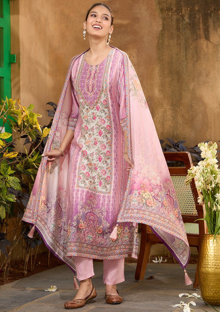 Lavender Multi Crepe Floral Printed Straight Kurta With Pant Regular And Dupatta