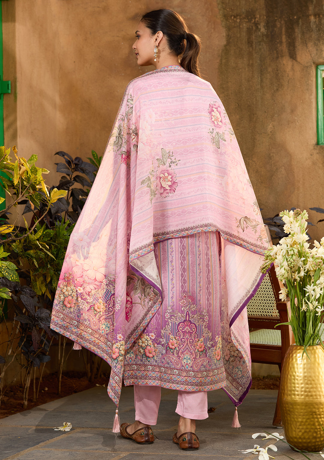 Lavender Multi Crepe Floral Printed Straight Kurta With Pant Regular And Dupatta