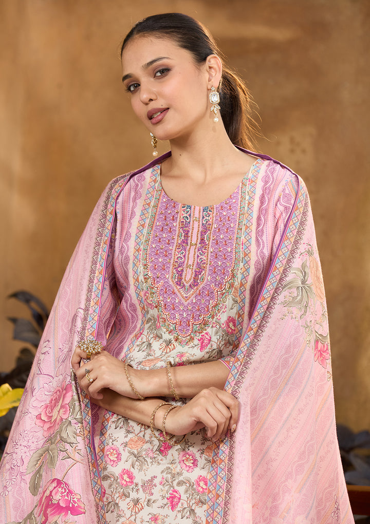 Lavender Multi Crepe Floral Printed Straight Kurta With Pant Regular And Dupatta