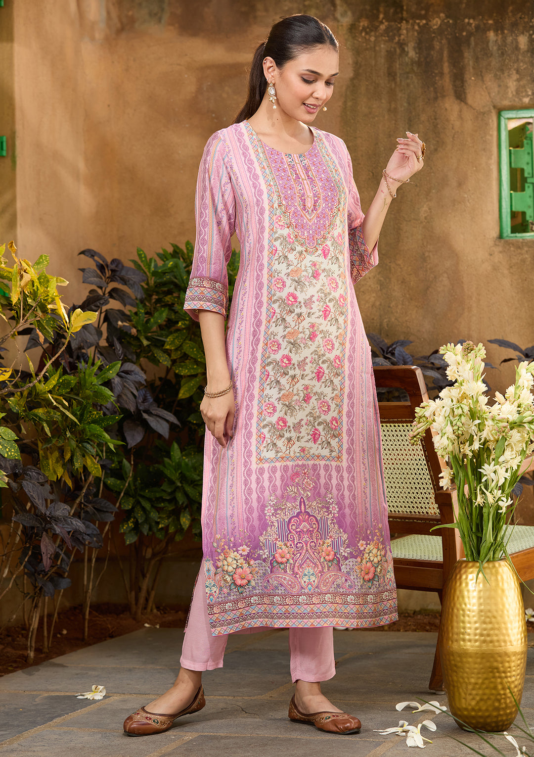 Lavender Multi Crepe Floral Printed Straight Kurta With Pant Regular And Dupatta