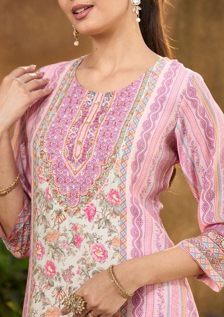 Lavender Multi Crepe Floral Printed Straight Kurta With Pant Regular And Dupatta