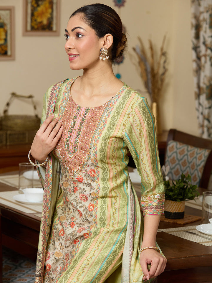 Pista Green Printed Crepe Readymade Salwar Suit