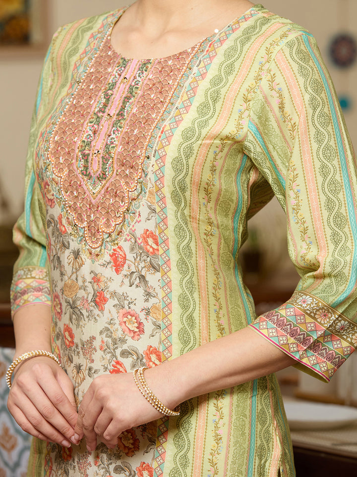 Pista Green Printed Crepe Readymade Salwar Suit