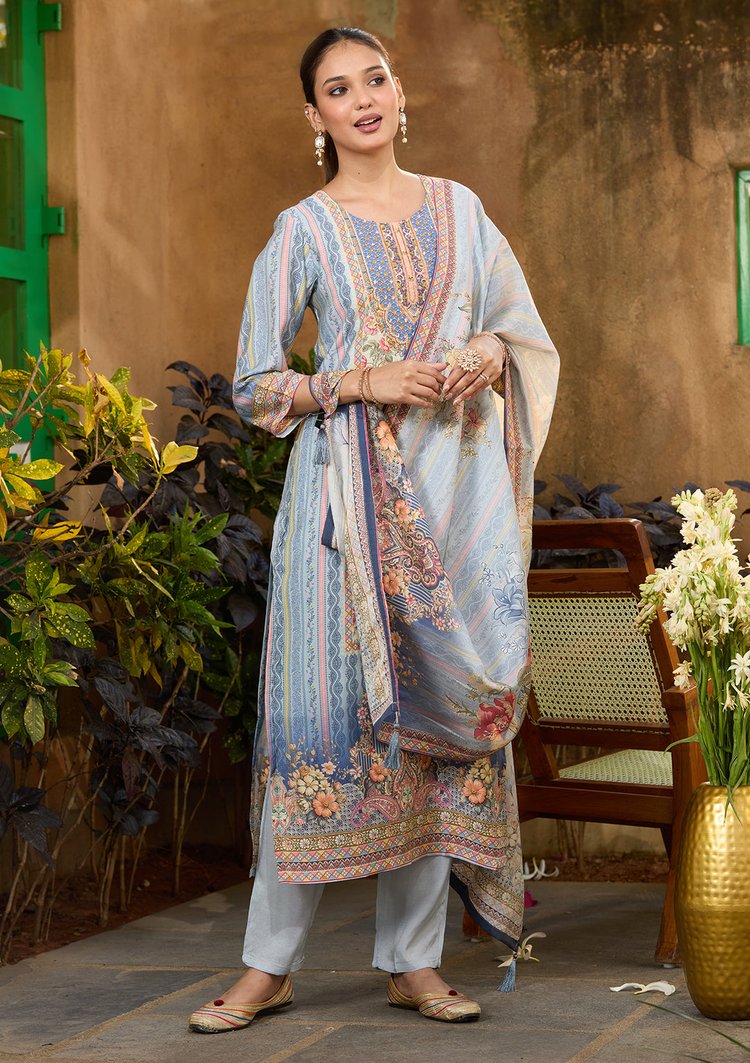 Sky Blue Multi Crepe Floral Printed Straight Kurta With Regular Pant And Dupatta