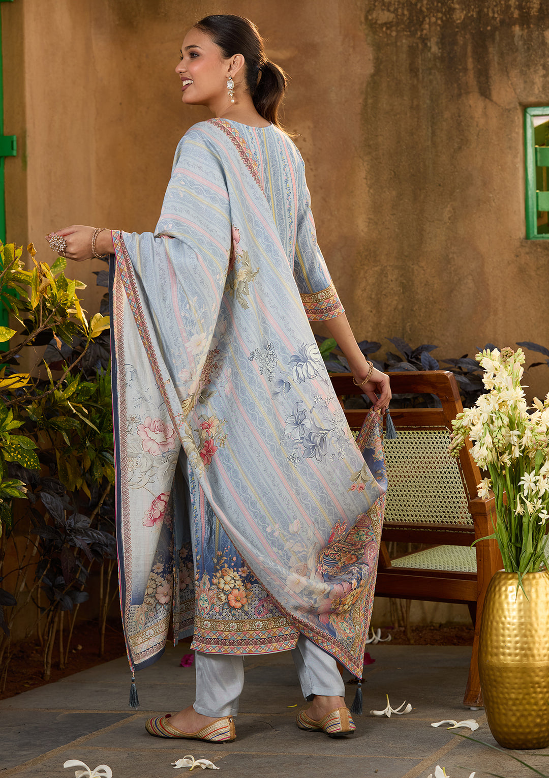 Sky Blue Multi Crepe Floral Printed Straight Kurta With Regular Pant And Dupatta