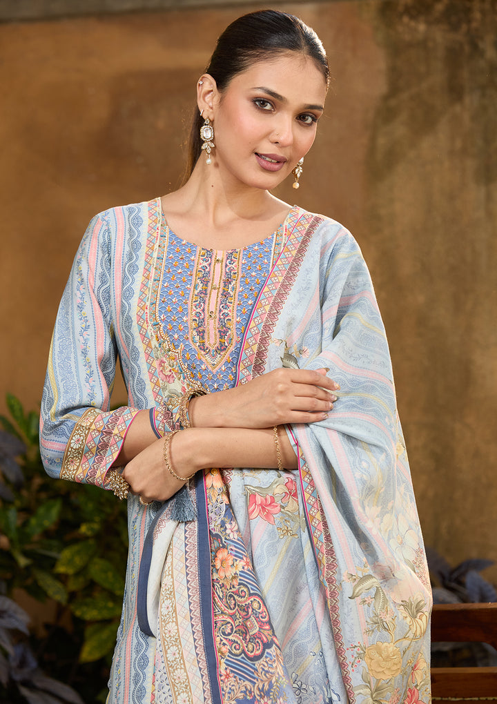 Sky Blue Multi Crepe Floral Printed Straight Kurta With Regular Pant And Dupatta