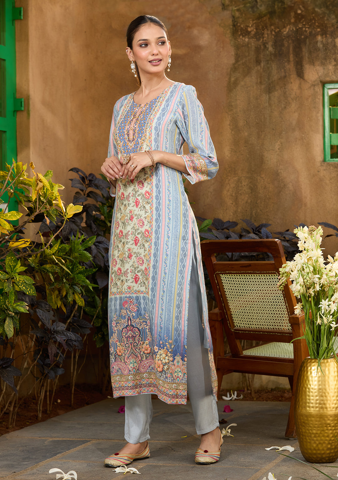 Sky Blue Multi Crepe Floral Printed Straight Kurta With Regular Pant And Dupatta