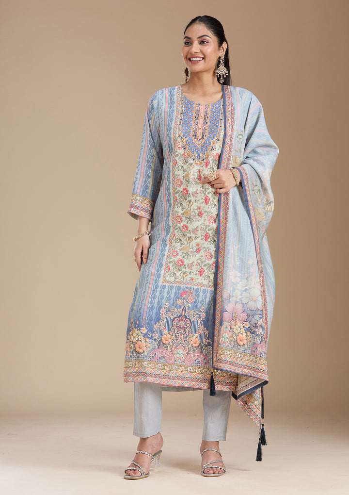 Sky Blue Printed Crepe Readymade Salwar Suit