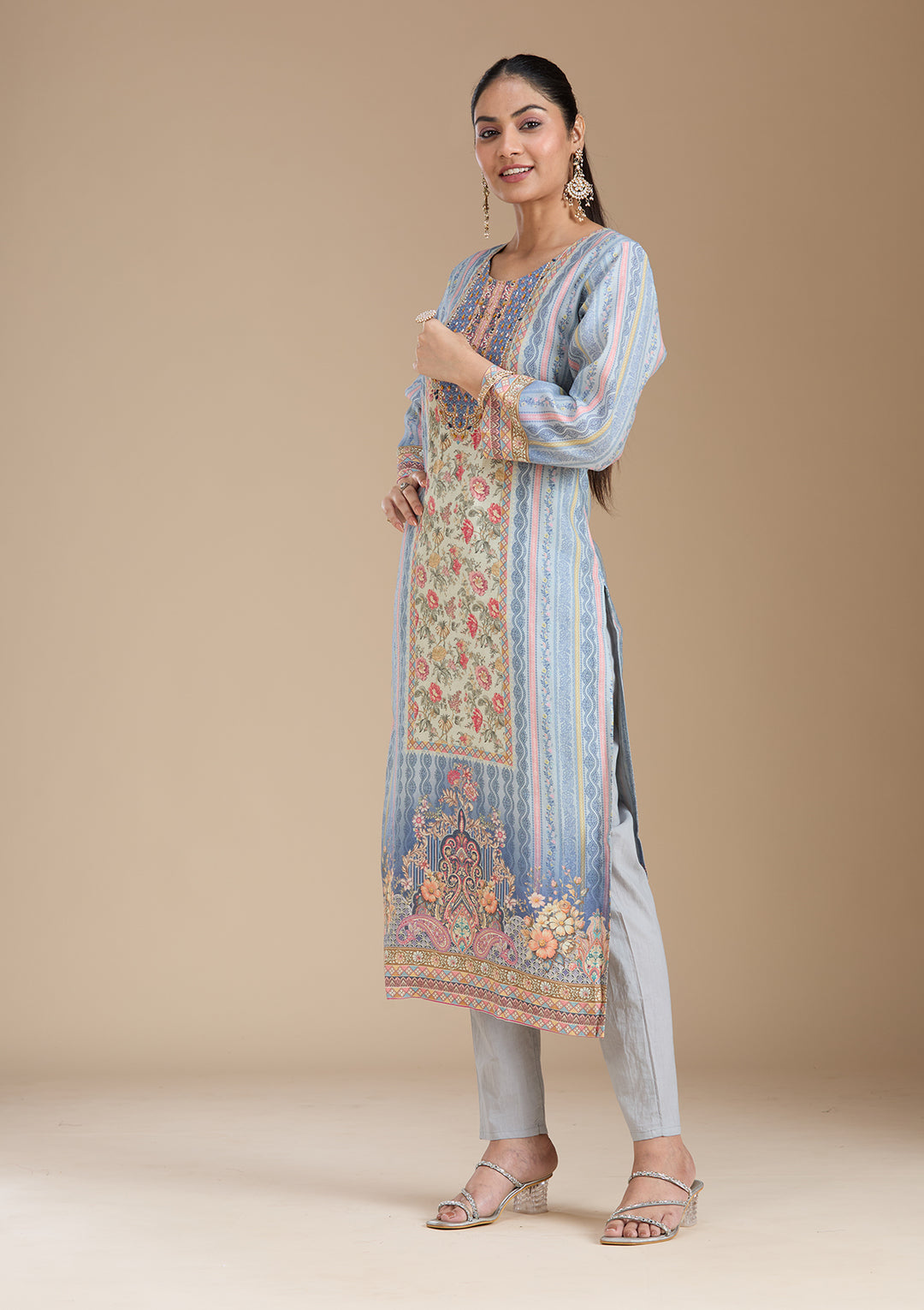 Sky Blue Printed Crepe Readymade Salwar Suit