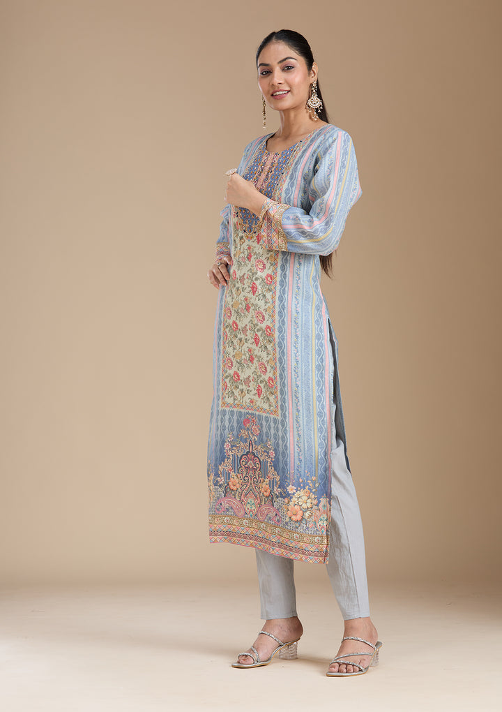 Sky Blue Printed Crepe Readymade Salwar Suit