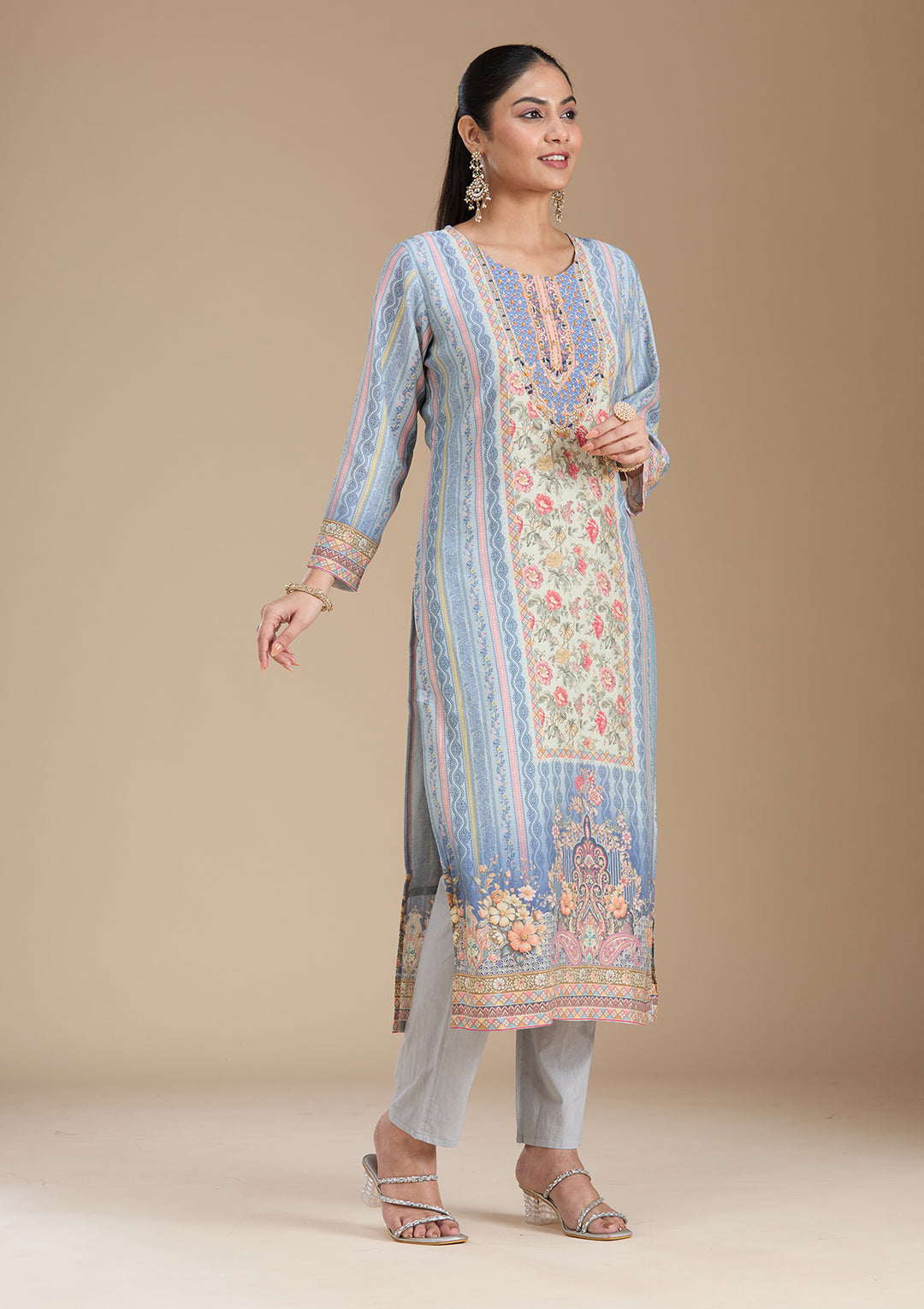 Sky Blue Printed Crepe Readymade Salwar Suit