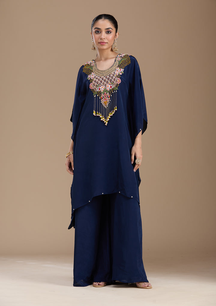 Navy Blue Threadwork Art Silk Readymade Salwar Suit