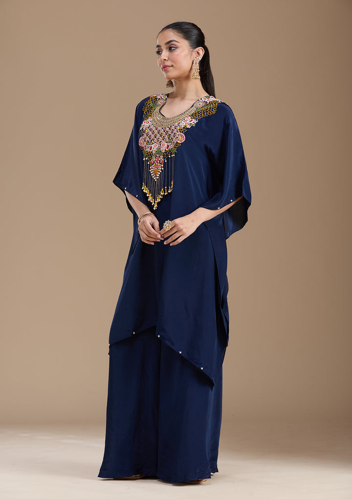 Navy Blue Threadwork Art Silk Readymade Salwar Suit