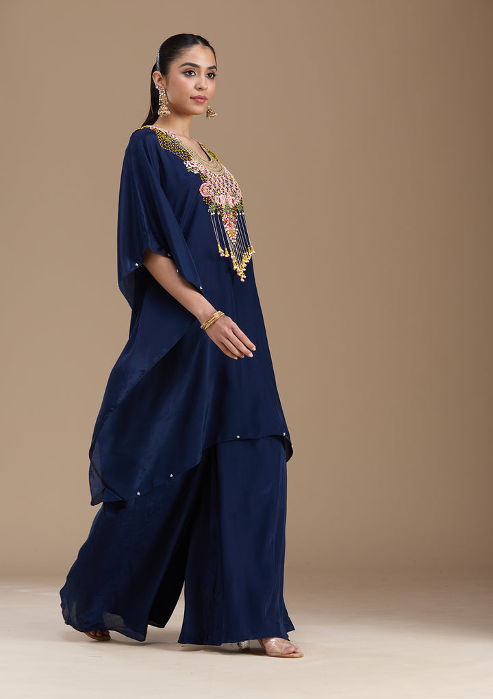 Navy Blue Threadwork Art Silk Readymade Salwar Suit