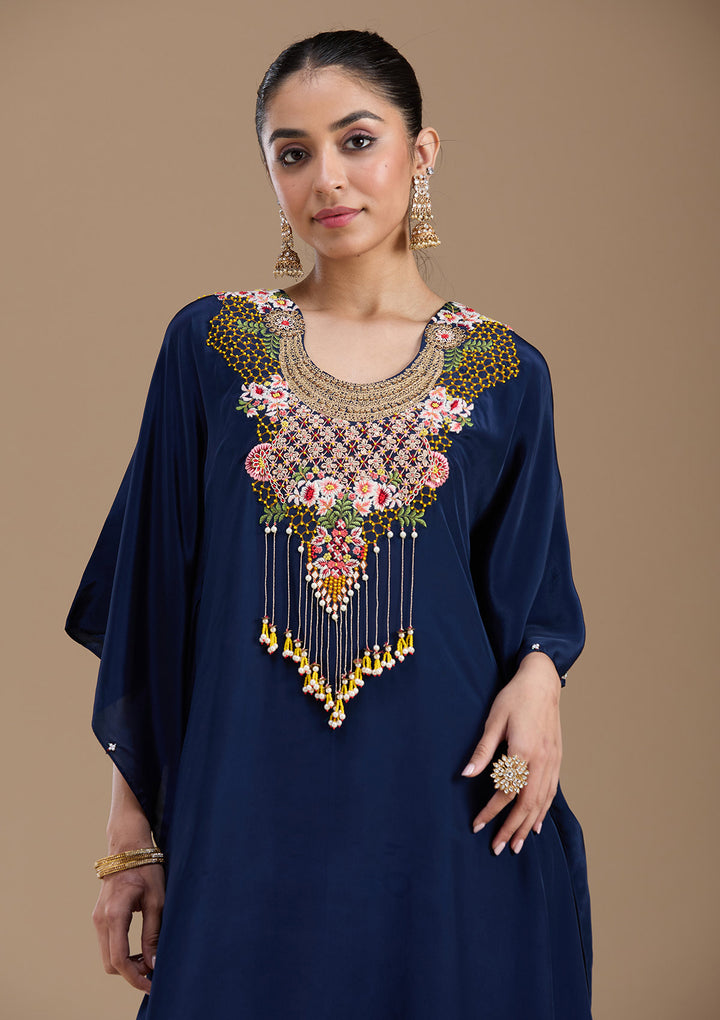 Navy Blue Threadwork Art Silk Readymade Salwar Suit