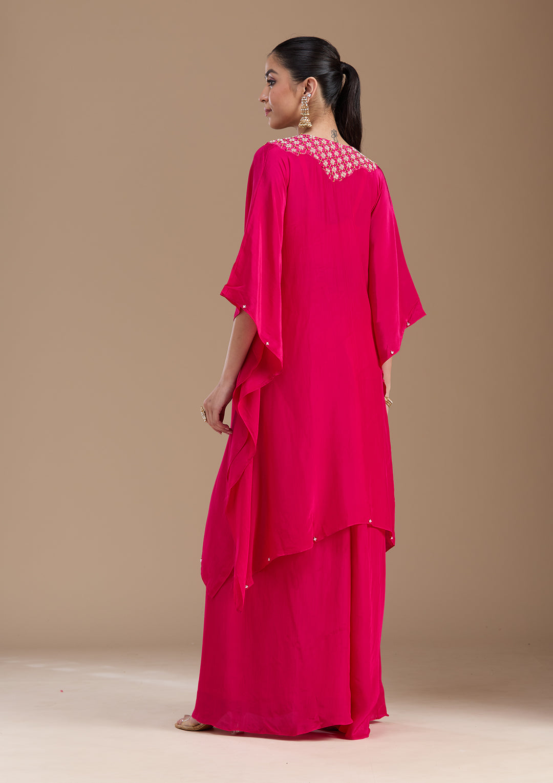 Rani Pink Threadwork Art Silk Readymade Salwar Suit