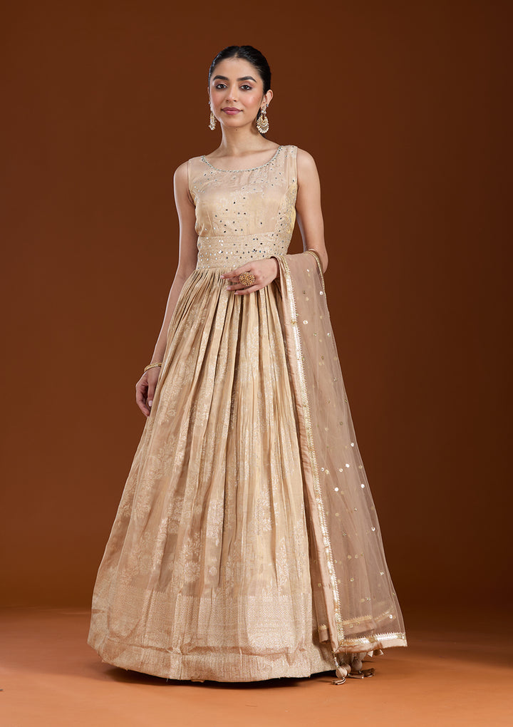 Beige Mirrorwork Tissue Readymade Salwar Suit