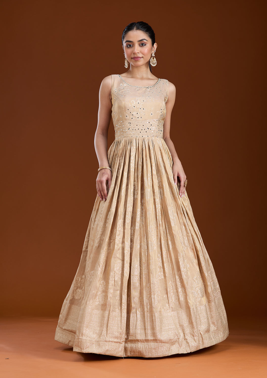 Beige Mirrorwork Tissue Readymade Salwar Suit